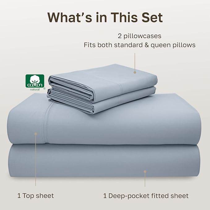 California Design Den Luxury 600 Thread Count Queen Sheets, 4 Pcs, Sky Blue | 100% Cotton Sateen Backed by Good Housekeeping Seal, Soft & Smooth, 16" Deep Pocket Set, All-Around Elastic, Easy Care