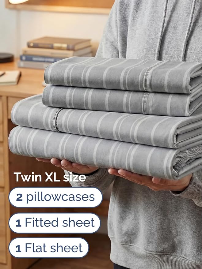 Extra Deep Twin XL Sheet Set - 4 Piece College Dorm Room - Grey Stripes 3 | College Dorm Room Essentials, Easy & Secure Fit, Ultra-Soft, Wrinkle & Fade Free, Comfy Sheets Set with Extra Deep Pockets