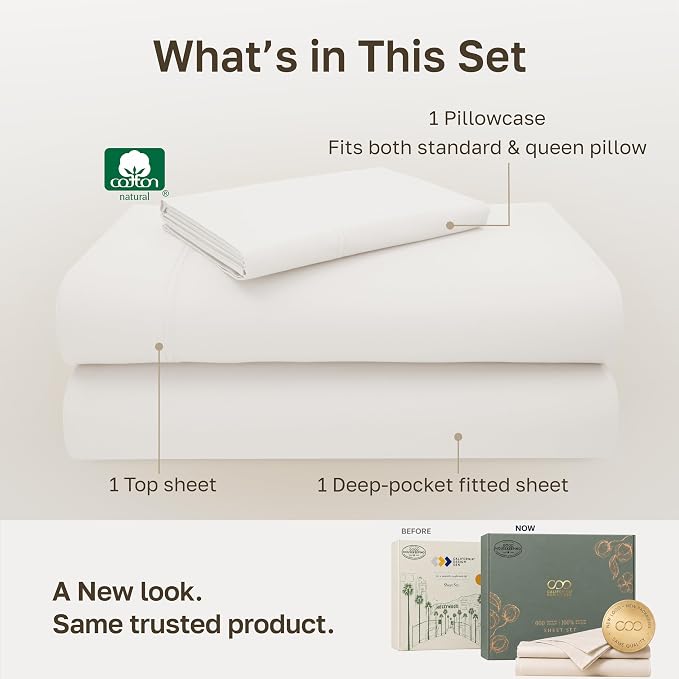 California Design Den 600 Thread Count Twin Size Bed Sheet Set, 3 Pcs Set | 100% Cotton Sateen Backed by Good Housekeeping Seal, Soft & Smooth, All-Around Elastic, Durable, Easy Care - True Ivory