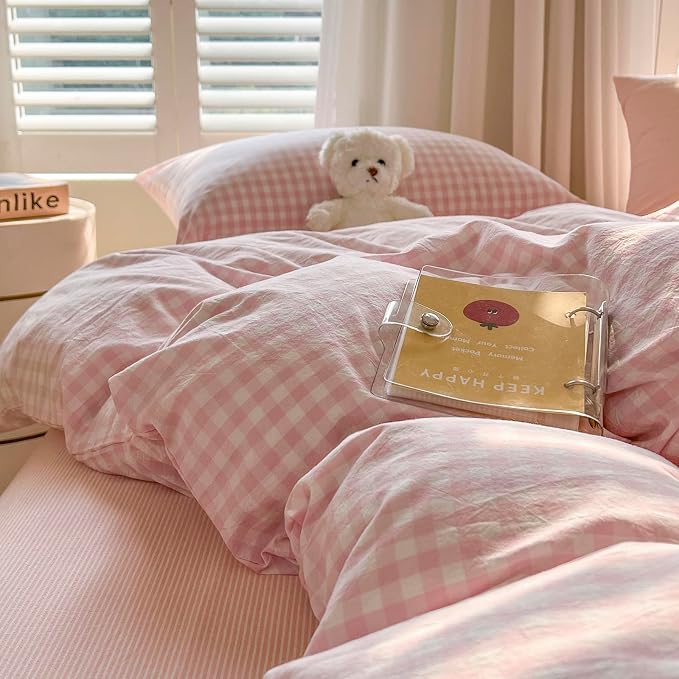 mixinni Light Pink Gingham Duvet Cover Set Queen Size - 100% Washed Cotton 3 Piece Plaid Checkered Bedding Set, Soft Comfy Grid Farmhouse Comforter Cover with Zipper Closure & Corner Ties
