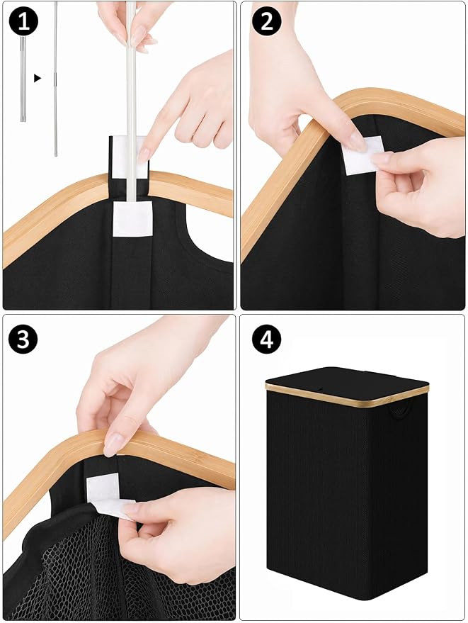 IEGrow Laundry Hamper with Lid,85L Laundry Basket with Mesh Bags,Black | Dirty Clothes Hamper Basket with Bamboo Handle for Clothes Towels