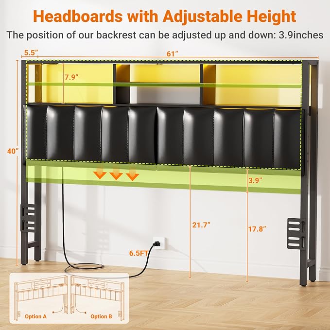 Aheaplus Headboard for Queen Size Bed with Storage, Upholstered Headboards | with Outlets, USB Ports and LED Light, Reversible Queen Size Head Board, Height Adjustable, Comfortable Headboard, Black