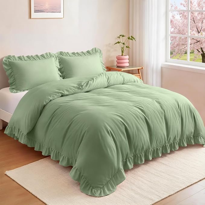 FUANNA Sage Green Duvet Cover Full Size 3 Pieces, Farmhouse Bedding | Ultra Soft 4-Inch Ruffle Duvet Cover Set with Corner Ties & 2 Pillow Shams, Vintage Bed Set for Women & Girls, No Comforter