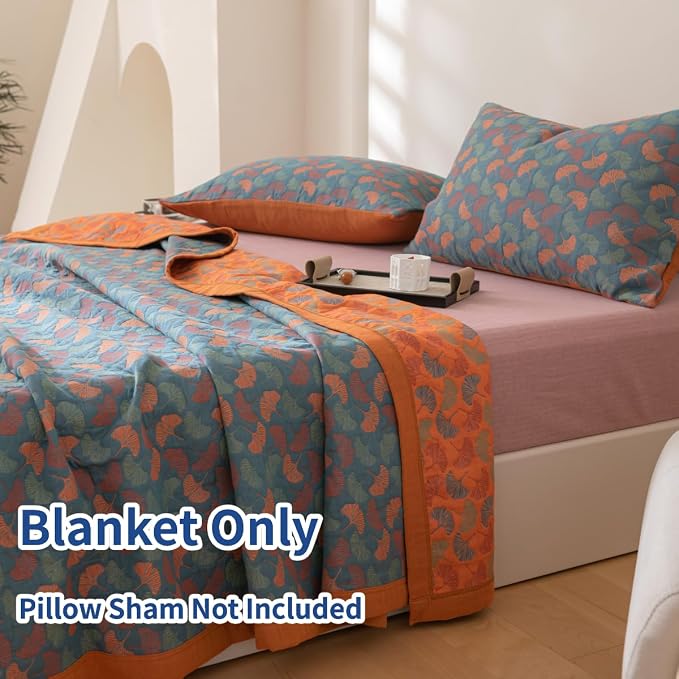 100% Cotton Muslin Blanket Jacquard Floral Ginkgo Leaves Print Quilt, Soft Bed Cover 3 Layers Reversible Bedspread Coverlet Breathable Lightweight Bedding King(98"x94"), No Pillow Sham