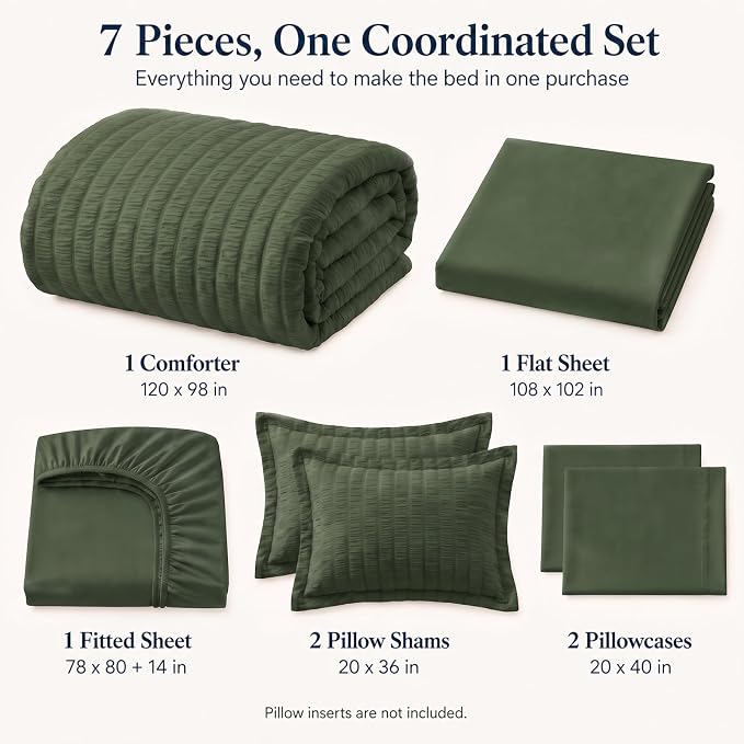 Oversized King Seersucker Comforter Set, Olive Green, 120 x 98 in | OEKO-TEX Certified, 7 Pieces Bed in a Bag with 240 GSM Down Alternative Comforter, Flat & Fitted Sheets, Pillowcases & Shams
