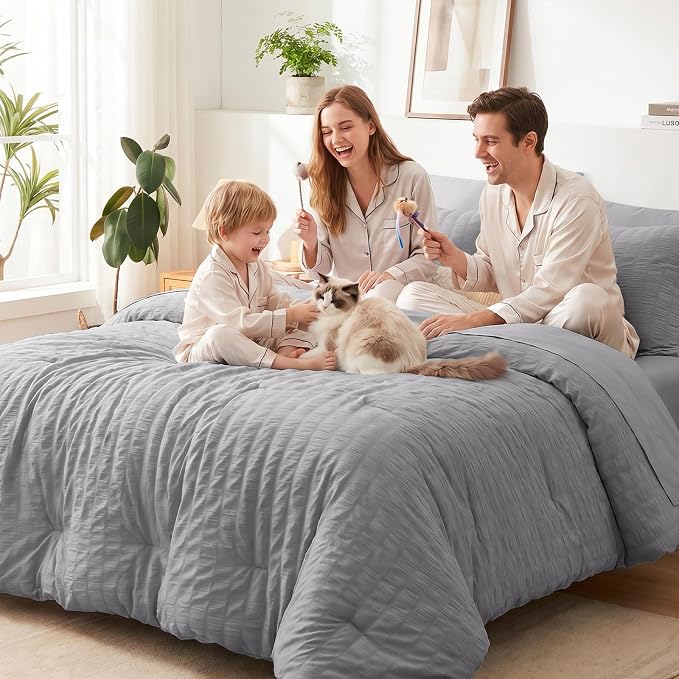 Queen Comforter Set, 7 Pieces Grey Seersucker Bed in a Bag | OEKO-TEX Certified, All Season Bedding Set with 240 GSM Down Alternative Comforter, Flat & Fitted Sheets, Pillowcases & Shams