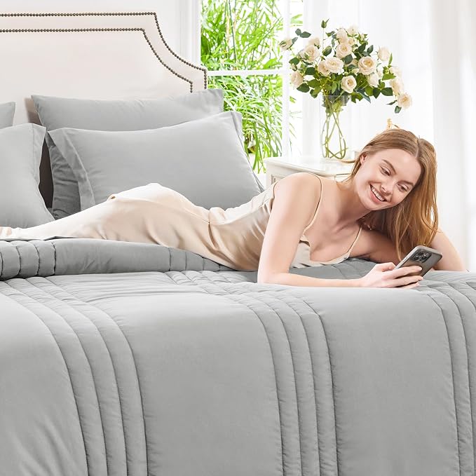 King Size Comforter Set Light Grey- 7 Pieces Bed in a Bag | OEKO-TEX Certified, 240GSM Down-Alternative Comforter, 14" Deep-Pocket Sheets, Shams & Pillowcases, Lightweight