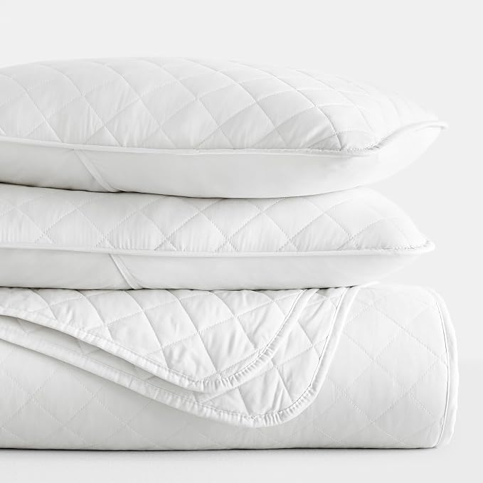 Merit Linens Modern Quilt Coverlet Soft Set in Diamond Stitching - King/Cal-King White
