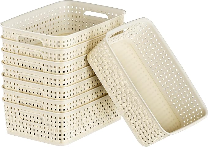 FUCDTEFC White Plastic Basket, 8 Pack Home Organization and Storage Baskets with Handles, Space Saving Woven Organizer Bins Plastic Storage Basket for Organizing Cabinets,Closets, Shelves, Countertops | Space Saving, Woven Organizer, Plastic Bins, Stor...