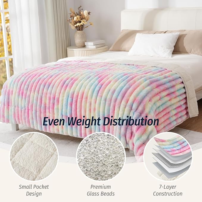 Fleece Weighted Blanket for Adults 60" x 80" 20lbs Striped Blankets,Rainbow | Soft Queen Size Sherpa Weighted Blankets with Glass Bead Filling, Plush 3D Striped Heavy Throw Blanket for Bed and Couch