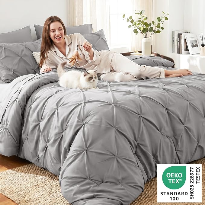 Oversized Queen Comforter Set French Grey, 7 Pieces Bed in a Bag | OEKO-TEX 100 Certified, 240GSM All Season, Bedroom, Guest Room, Down-Alternative Comforter, Sheets, Pillowcases & Shams
