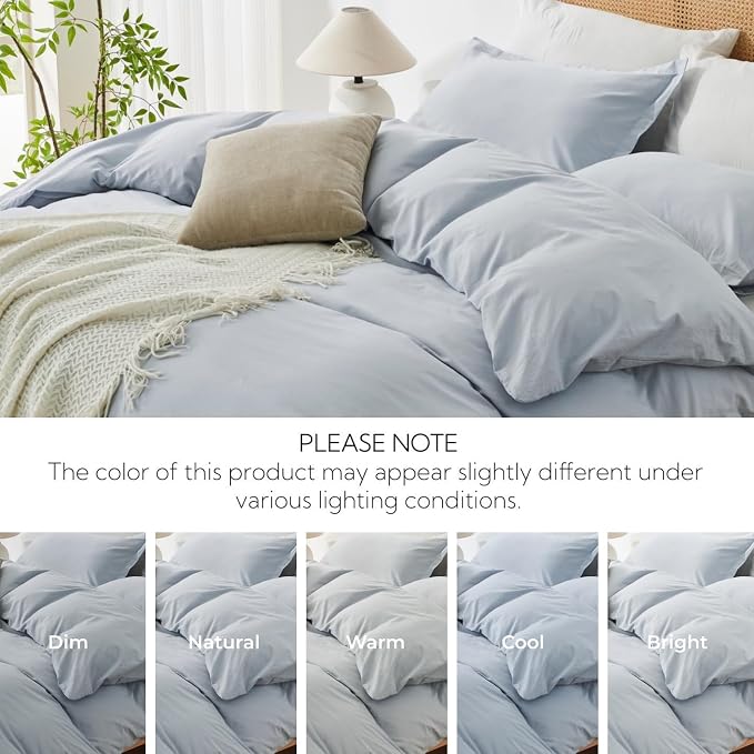 OAITE Duvet Cover Set 100% Washed Cotton Solid 3pcs | Soft,Durable,Long-staple Cotton,Hidden Zipper with 8 Interior Corner Ties,2 Pillowcases,68"X90"