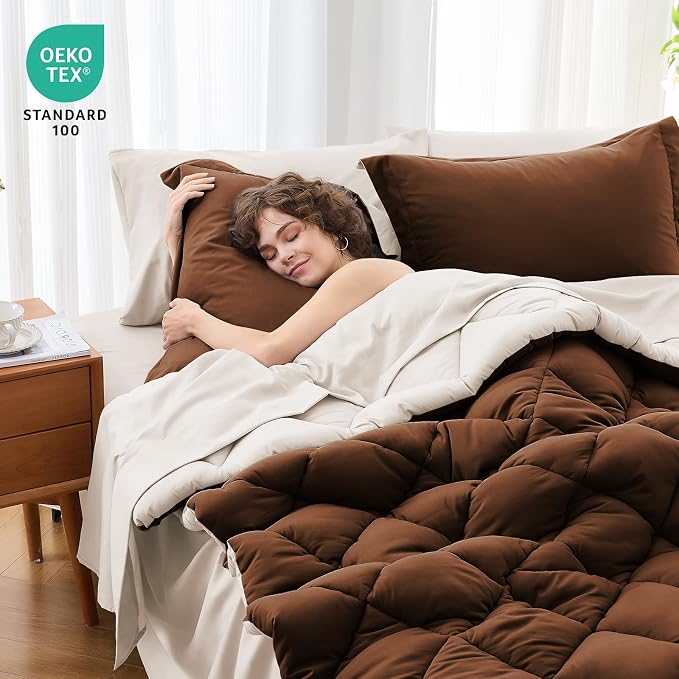 7 Pieces Full Comforter Set, Reversible Bed in a Bag Full Size, All Season Bedding Set with Comforter, Flat Sheet, Fitted Sheet, Pillowcases & Shams, Brown & Khaki