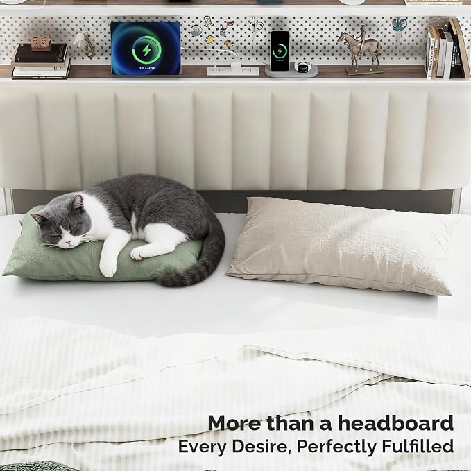 VINGLI Queen Size Headboard for Bed,Upholstered Headboards with Storage, Charging Stations and LED Lights, 2 Tier Shelves and Pegboard, Modern Bed Head Board, Adjustable Height, White