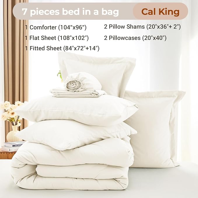 7 Pieces California King Comforter Set, Soft Bed in a Bag Cal King Size, All Season Bedding Set with Comforter, Flat Sheet, Fitted Sheet, Pillowcases & Shams, Ivory