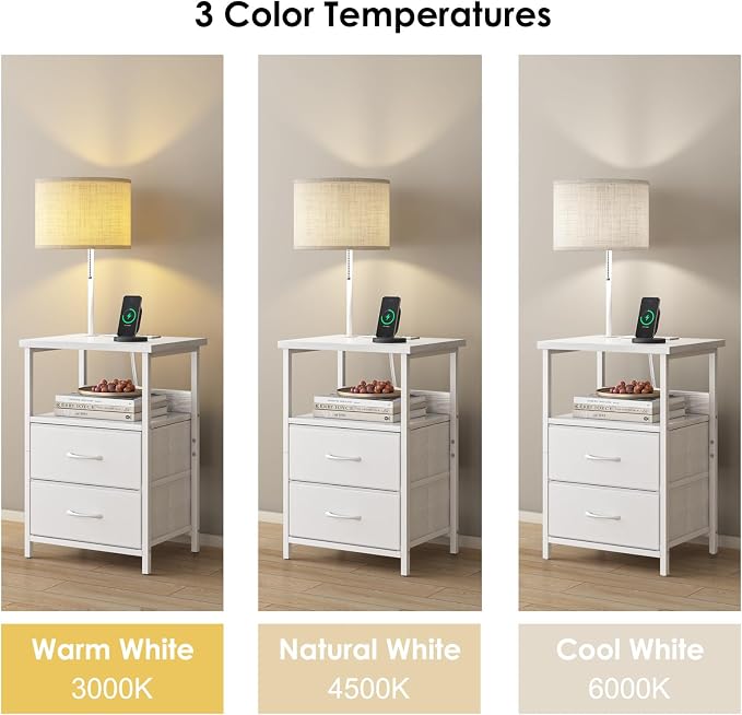 Fixwal Night Stand with 3 Color Temperature Bulb Attached, Nightstand with Light & Charging Station End Table with Fabric Drawer for Bedroom, Dorm, White