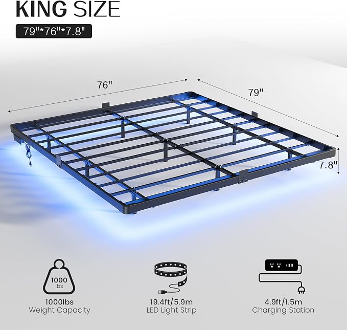 OLEVS King Size Floating Bed Frame Metal with LED Light & Charging Station | King Metal Platform Bed Frame Floating with Smart LED, Charging Station, No Box Spring Needed, Noise-Free, Easy Assembly