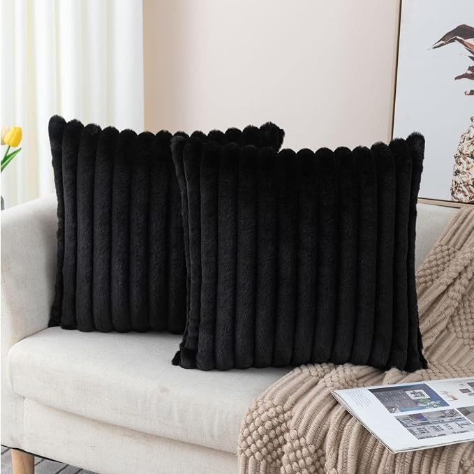 ZLINA Black Striped Faux Fur Throw Pillow Covers 26 x 26 Inch | 2‑Pack, boho striped pillow covers,velvet back,fuzzy plush cushion covers , for sofa bed livingroom home decor