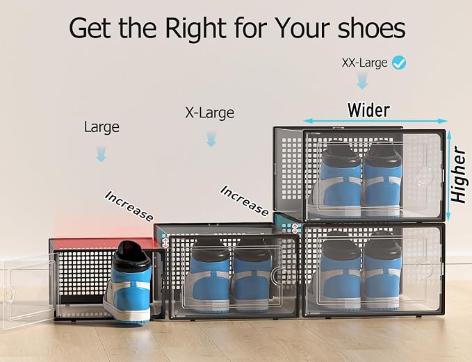 Kuject XX-Large Shoe Storage Boxes 12 Pack, Clear Stackable Shoe Organizer | Shoe Case for Closet, Entryway & Under-Bed Storage, Drop-Front Design, Space-Saving Solution for Family Organization,Black