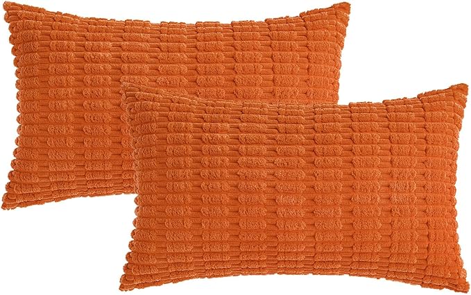 MIULEE Fall Lumbar Corduroy Decorative Throw Pillow Covers 12x20 Orange | Pack of 2 Soft Boho Striped Pillow Covers Modern Farmhouse Autumn Home Decor For Sofa Living Room Couch Bed