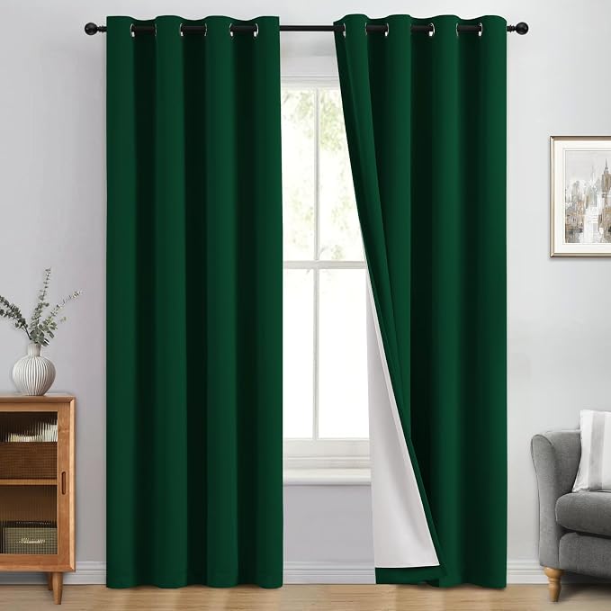Yakamok Dark Green 100% Blackout Curtains 84 Inches Long 50" Wide 2 Panels | Blackout Curtain Panels for Bedroom, 2 Thick Layers Grommet Top Thermal Insulated Drapes with White Back for Living Room