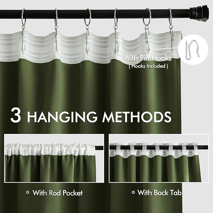 MIULEE Olive Green Back Tab Blackout Curtains 52x96 Inch Long 2 Panels Set | Rod Pocket Pinch Pleated, Thermal Insulated, Bedroom Living Room Darkening Drapes, Light Blocking Floor to Ceiling Curtains