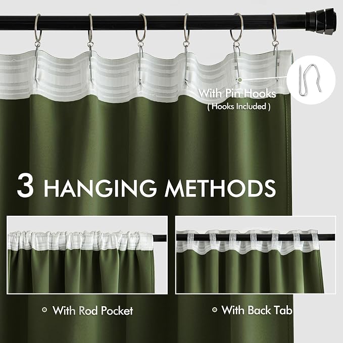 MIULEE Olive Green Back Tab Blackout Curtains 52x120 Inch Long 2 Panels Set | Rod Pocket Pinch Pleated, Thermal Insulated, Bedroom Living Room Darkening Privacy Drapes, Extra Long Light Blocking Curtains