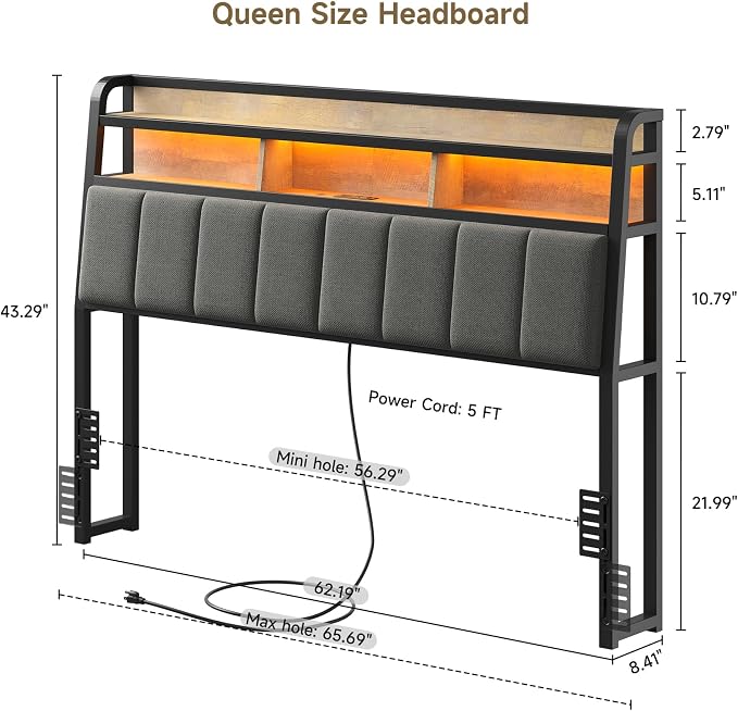 ComfyCorner Queen Size Headboard with Storage & LED Light, Black & Brown | Upholstered Ergonomic Head Board with Power Outlets & 2-Tier Storage, Queen Headboard Only, Bed Frame Mounting, Heavy Duty