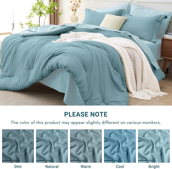 7 Pieces King Comforter Set, Soft Bed in a Bag King Size, All Season Bedding Set with Comforter, Flat Sheet, Fitted Sheet, Pillowcases & Shams, Mineral Blue & Light Blue