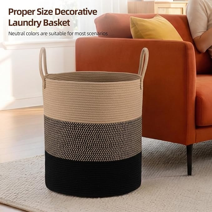 OIAHOMY 60L Nursery Hamper Laundry Basket Laundry Hamper Yellow/Black | collapsible Blanket Basket Cotton Rope Woven Basket Dirty Clothes Hamper Baby Hamper Tall Clothes Hamper with Handles