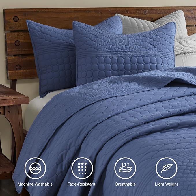 HORIMOTE HOME Denim Blue Twin Size Quilt Set - Soft Microfiber Bedspread with 1 Sham, Lightweight & All-Season Geometric Coverlet for Cozy Bedding