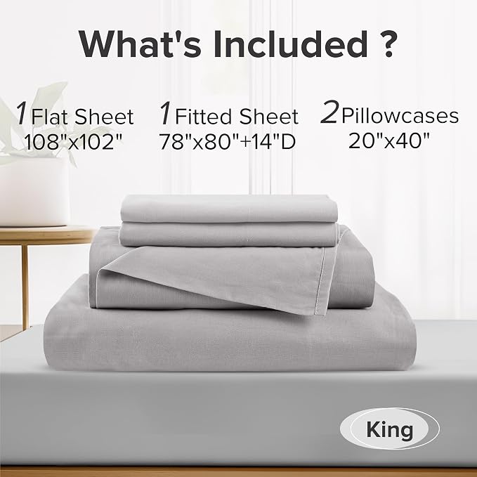 Comfort Spaces 100% Cotton Percale Sheets King Sheet Set 4 Piece, Grey | Crisp, Cool & Breathable Bed Sheets, 14" Deep Pocket Fits Up to 16" Mattress, Lightweight, All Season Cozy, with Pillow Case