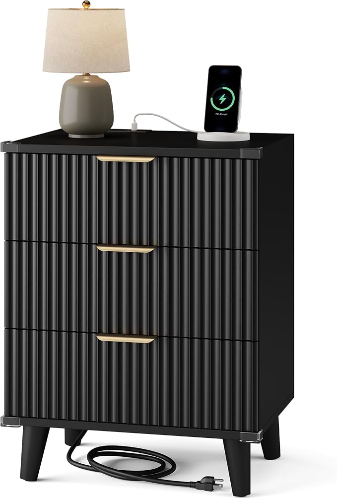 Lulive Wood Bedside Table w/Charging Station, 3 Drawers Fluted Dresser | Black, Large Drawers, Metal Silent Rails, FSC Wooden, Sturdy Legs, Modern Fluted Panel, Living Room, Bedside Table