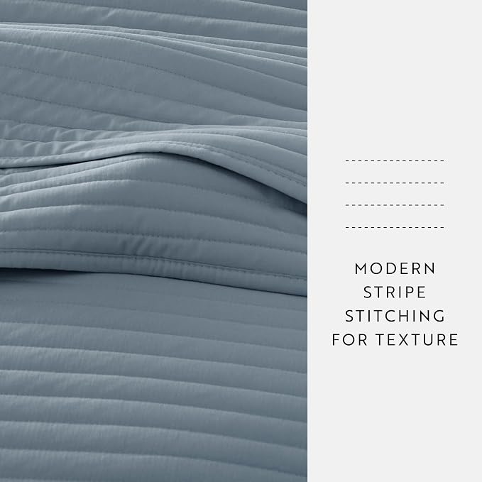 Merit Linens Modern Quilt Coverlet Soft Set in Stripe Stitching - Twin/TwinXL Dusk Blue