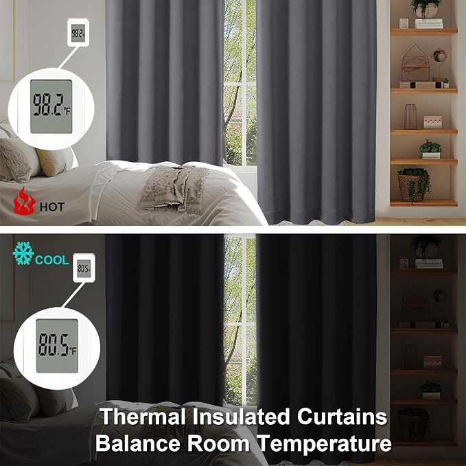 Simplebrand Ava Grey Blackout Extra Long 10ft Curtains for Patio 120 Inches Long 2 Panels Set, Solid Thermal Insulated Energy Saving Rod Pocket Window Treatment Curtains Blackout Drapes, 50 Wx120 L