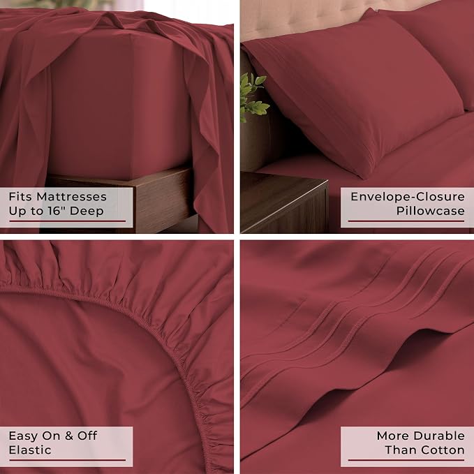 Mellanni Iconic 4-Piece, Ultra Soft Sheet Set (King, Brick Red) | 10M+ Sleepers. Lab-tested: Sleeps Cool, Stays Bright, Strong, Smooth. Good Housekeeping Best Bedding, 7 yrs running.