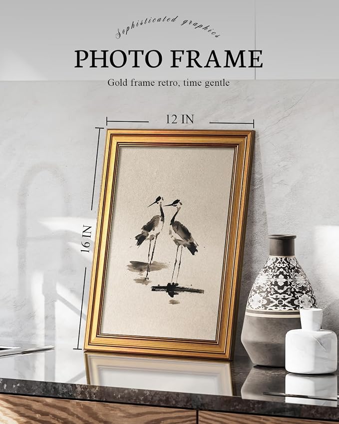 VIYYIEA Vintage Gold Framed Wall Art for Living Room, Two Cranes Canvas Prints Home Decor, Ink Painting Picture, Bedroom Wall Decor Gifts for Friends or Family -【Two Cranes】-(16L x 12W)