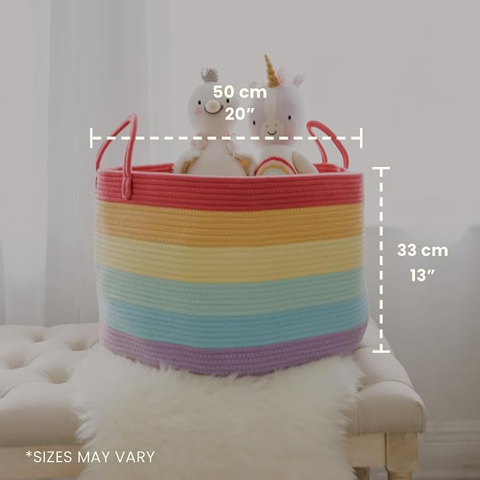OrganiHaus Rainbow Toy Basket & Blanket Storage Bin, Nursery 20x13" | Rainbow - Round Rainbow Cotton Rope Basket, Nursery 20x13"