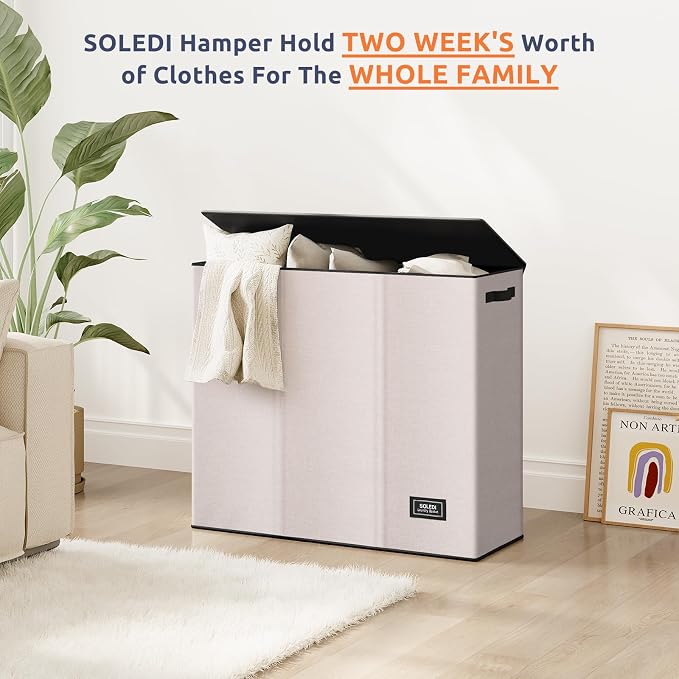 SOLEDI Large Laundry hamper 3 Section with Laundry Bag, XL Clothes Basket | 3-Section Large capacity Laundry Sorter with Odor-Blocking Lid, Robust Iron Frame & Waterproof 600D Fabric, 3 Washable Bags
