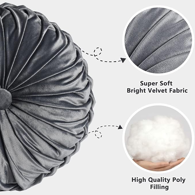 HIG Set of 2 Dark Gray Velvet Decorative Round Pleated Throw Pillows | Vintage Floor Pillows, Classy Accent Pumpkin with Center Button, for Sofa Couch Vanity Chair Bed, 14.5" Diameter