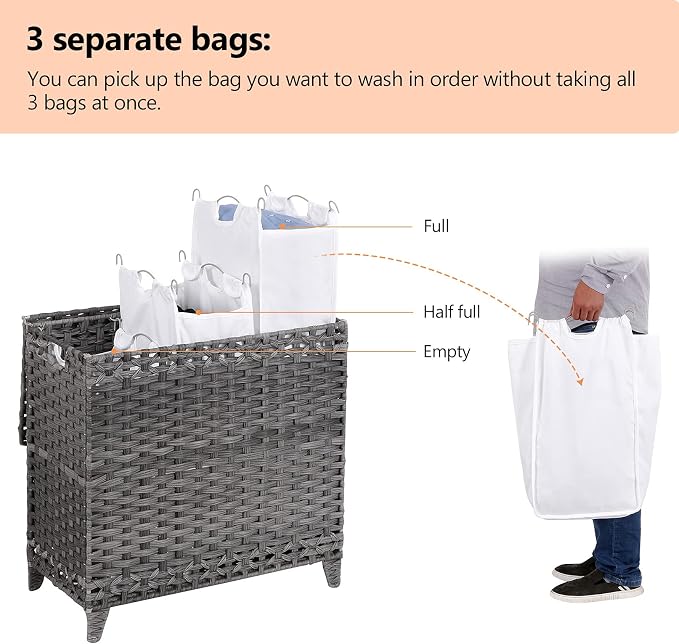 Laundry Hamper with 3 Removable Liner Bags, 132L Laundry Sorter with Lid | Raised Feet; Side Carry Handles; Handwoven PP Rattan; Rust-Resistant Iron Frame; Decorative Woven Design