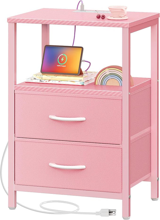 Huuger Nightstand with Charging Station, Side Table with Fabric Drawers | End Table with Open Shelf, Bedside Table with USB Ports and Outlets, Night Stand for Bedroom, Bed Side Table, Pink