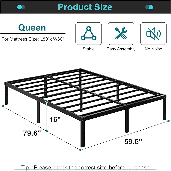 Maenizi 16 Inch Queen Bed Frame Heavy Duty Metal Support Up to 3000 lbs | Queen Platform Bed Frame No Box Spring Needed, Easy Assembly, Noise Free, Black