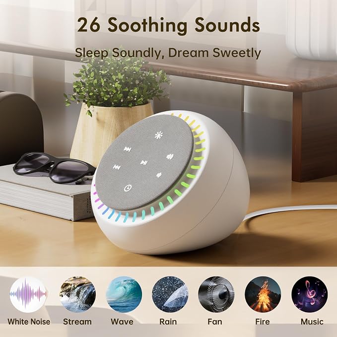 DreamSky Sound Machine for Sleep, White Noise for Sleeping Adults & Baby | Brown Noise Fan for Office Privacy & Noise Canceling, 26 Sounds & RGB Night Light, USB-C Powered for Home Travel