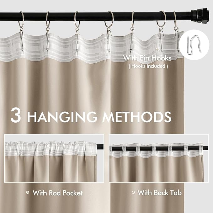 MIULEE Taupe Back Tab Blackout Curtains 52x90 Inch Long 2 Panels Set | Rod Pocket Pinch Pleated, Thermal Insulated, Room Darkening, Light Blocking, Privacy Curtains for Living Room Bedroom