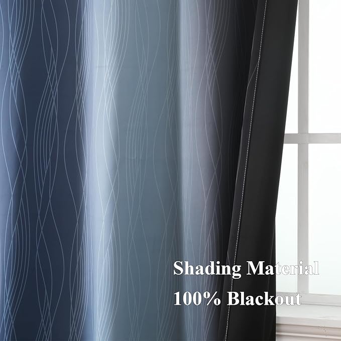 Navy Blue and Black Ombre Blackout Curtains for Living Room 96 Inch Length | Estelar Textiler Room Darkening Curtains for Bedroom,Thermal Insulated,Energy Saving,Grommet Window Drapes,52Wx96L,2 Panels