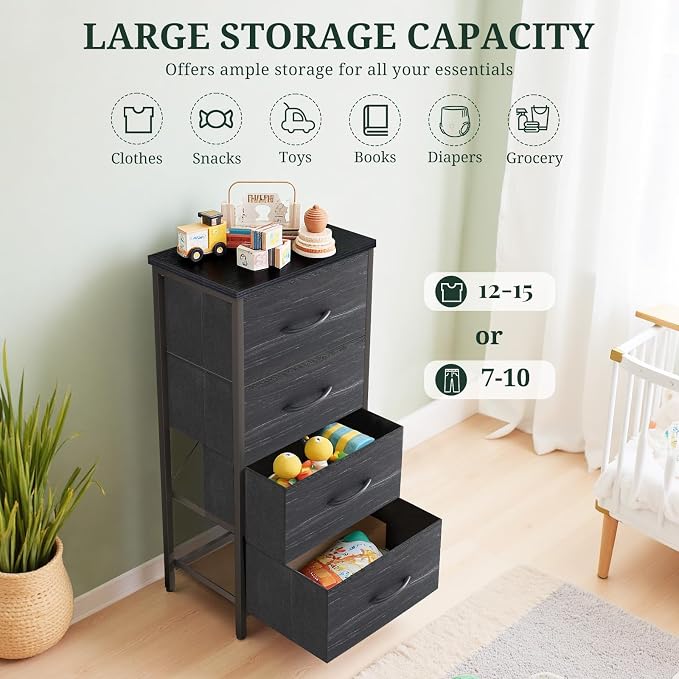 4 Drawers Dresser for Bedroom Fabric Storage Tower with Wooden Top | Steel Frame Tall Chest of Drawers for Closet, Entryway, Dorm, Charcoal Black
