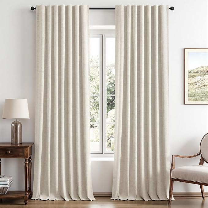 MIULEE 100% Blackout Linen Curtains 42 x 96 Inch Linen Beige 2 Panels | Thermal Insulated, Room Darkening Drapes for Bedroom Living Room, Back Tab Rod Pocket Pinch Pleated, Solid Luxury Decor