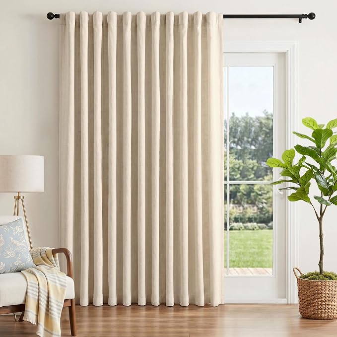 INOVADAY Extra Wide 100% Blackout Linen Curtains for Bedroom 102x84 Oatmeal | Linen Textured, Light Blocking, Room Darkening, Thermal Insulated, Back Tab Top, Window Curtains for Sliding Door, 1 Panel
