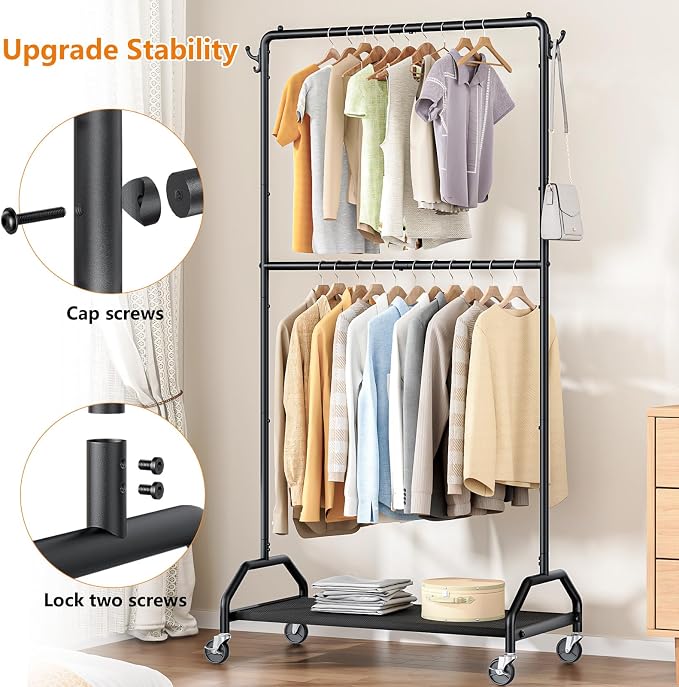Wiracks Clothes Rack Double Hanging Clothes Rack Clothing Rack Garment Rack 130LBS Capacity 34.5" W X15.8 D X 79" H Rolling Clothes Racks for Hanging Cothes with Bottom Shelf
